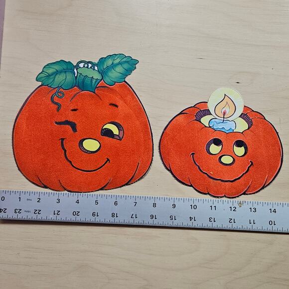 VTG Set Of 6 Flocked Die Cut Pumpkins Jack-O-Lantern Halloween Decor Window - Picture 4 of 4